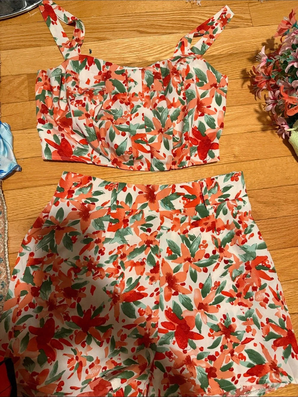 Hot & Delicious Coral & Green Floral Crop Top and Shorts Set